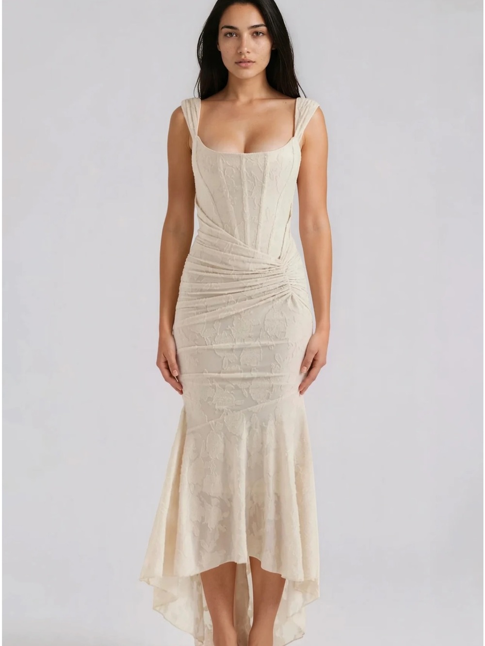 Cream Lace High-Low Midi Dress with Draped Waist